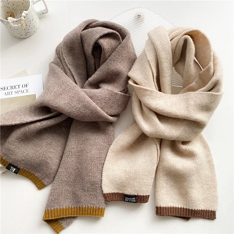 

2022 Winter Knitted Scarf for Women Plain Soft Woolen Yarn Shawl Wrap Elastic Warm Neckerchief Solid Muffler Foulard Hijab Snood