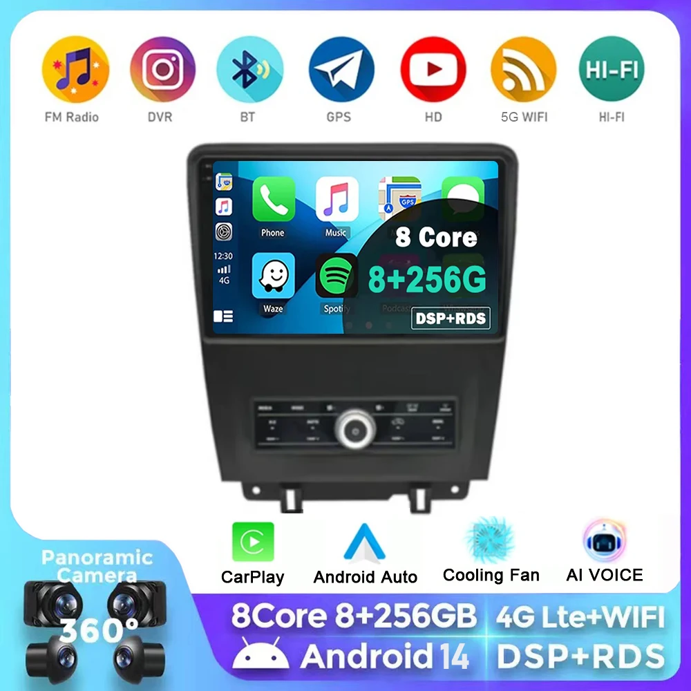 Автомагнитола Carplay для Ford Mustang 2010 2011 2012 2013 2014 Android 14 мультимедийный проигрыватель с