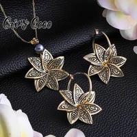 cring coco woman vintage flower earrings necklace set gold plated jewelry plumeria hoops earring sets 2022 trend for women gift