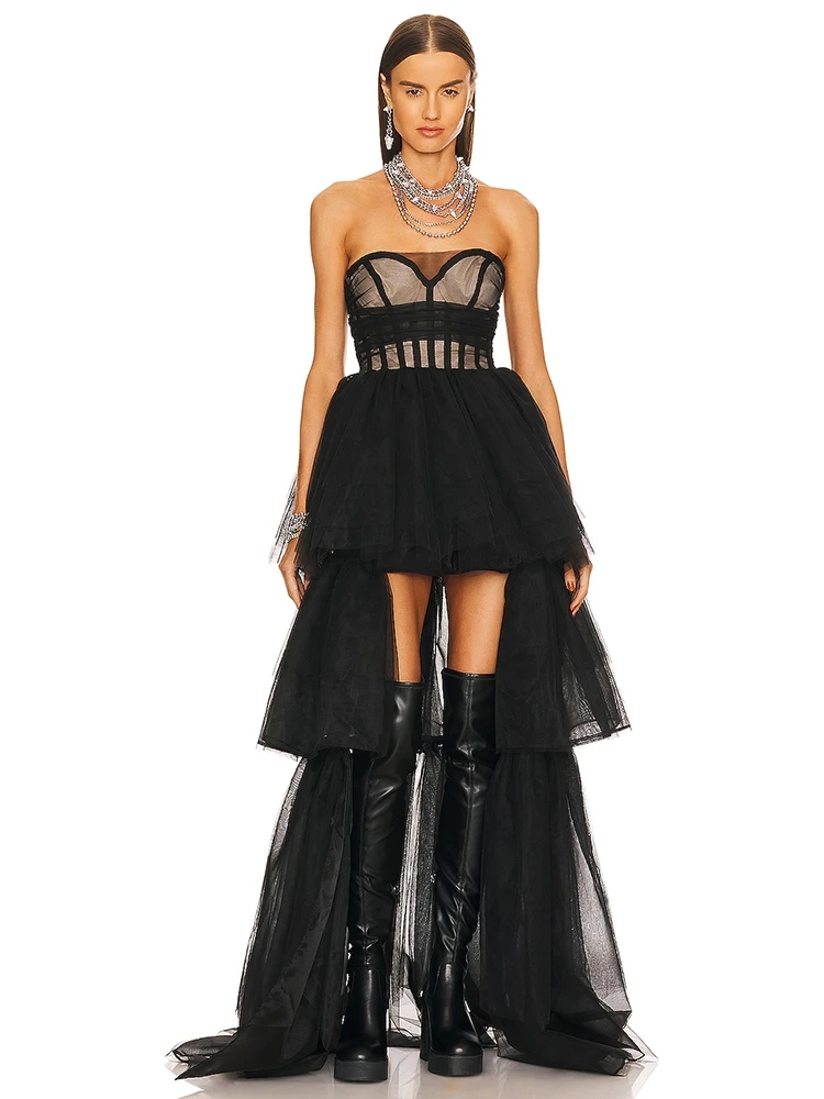 

Женское длинное платье без бретелек из тюля с многослойными оборками, сексуальное черное Сетчатое платье с оборками, короткий Блейзер с бисером, женское платье знаменитости