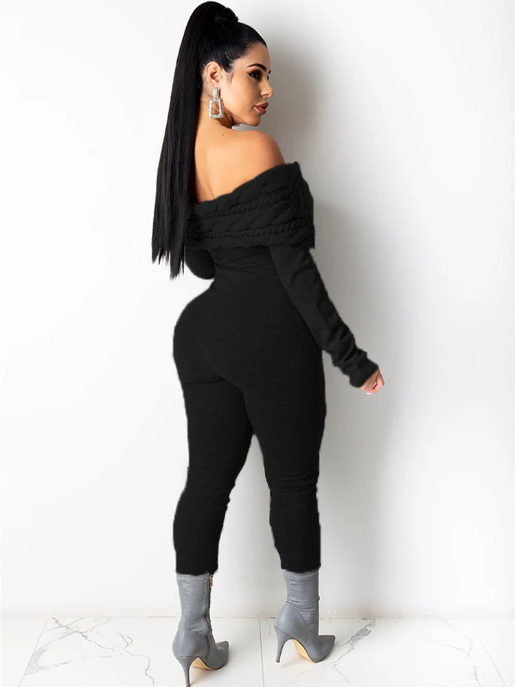 Womens Jumpsuit Vintage Off The Shoulder Long Sleeve Overalls Fall Winter Slash Neck One Piece Outfit Cable Knit Fitness Rompers