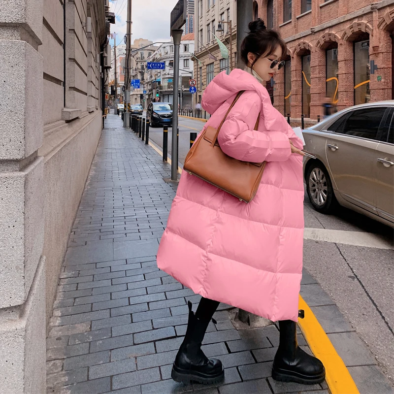 Pink Long parkas 2022 Winter Women Thickened Zipper hooded coat Korean Padded cotton jacket White Female snow wear INKEO 2O257