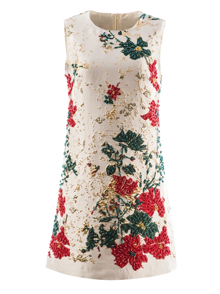 

2022 Summer Vintage Dress Women Runway New Design Sleeveless Jacquard Beading Luxury Ladies Temperament