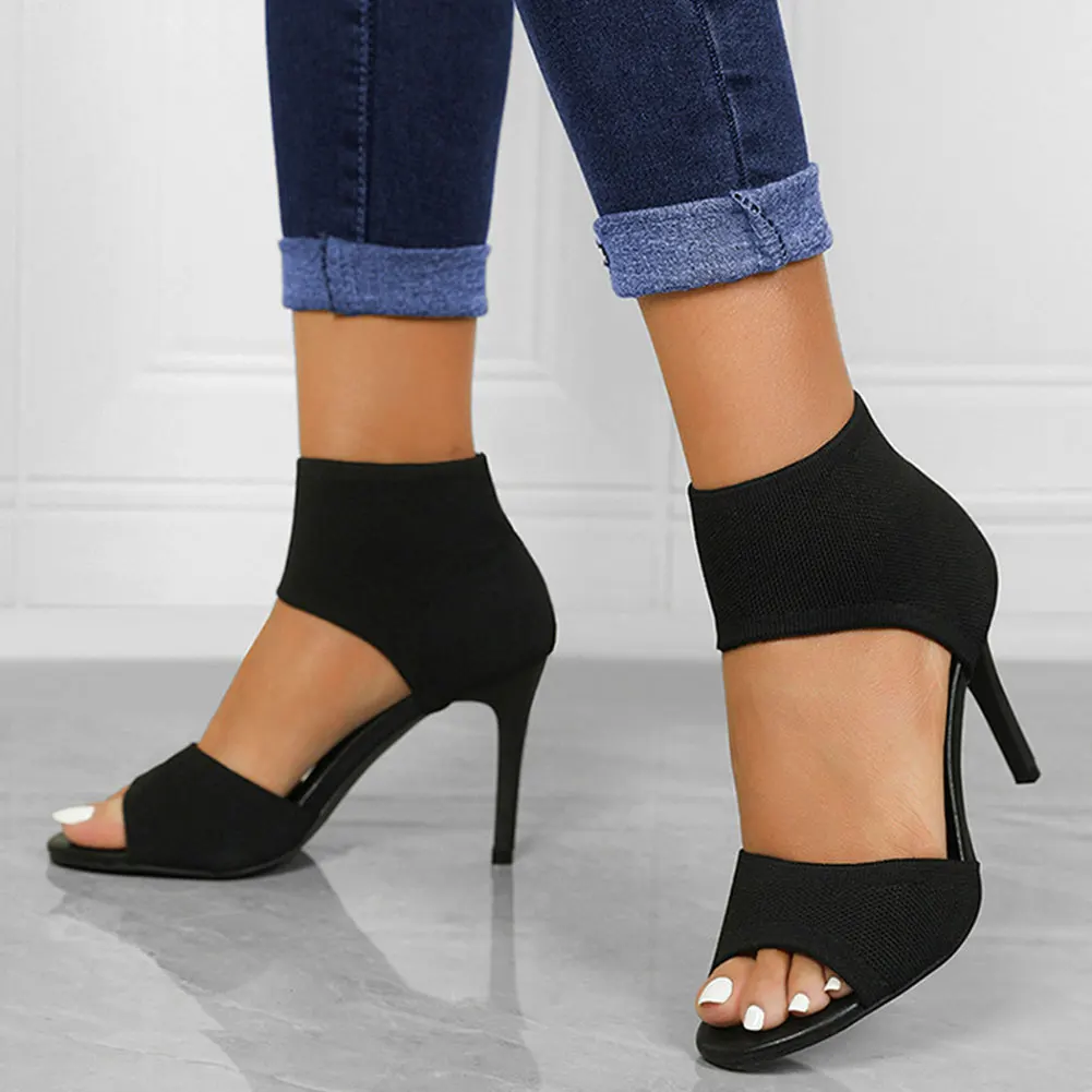 2023 For Dropship In Stock Summer Women's Sexy Thin High Heels Peep Toe Elegant Knitting Ankle Wrapped Sandals Shoes Black