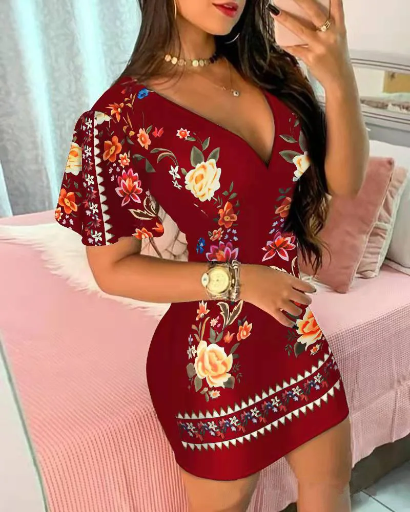 

2022 Summer Dress Sexy women's fashion deep V short sleeve hip wrap dress