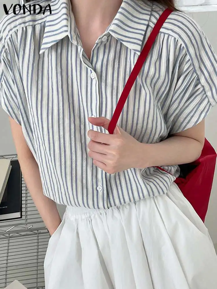 

Женские летние рубашки VONDA, хлопковые блузки, винтажные Полосатые блузки 2023, модные повседневные свободные блузки с пуговицами и отворотом и коротким рукавом