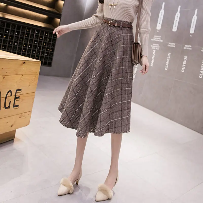 

Woman Skirt Autumn Plaid Print Skirts Female Clothes Style High Waist Woolen Skirts Ladies Midi Warm A-line Fashion Skirts G21