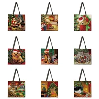 reusable shopping bag christmas animal print handbag womens shoulder bag linen bag outdoor beach bag daily handbag