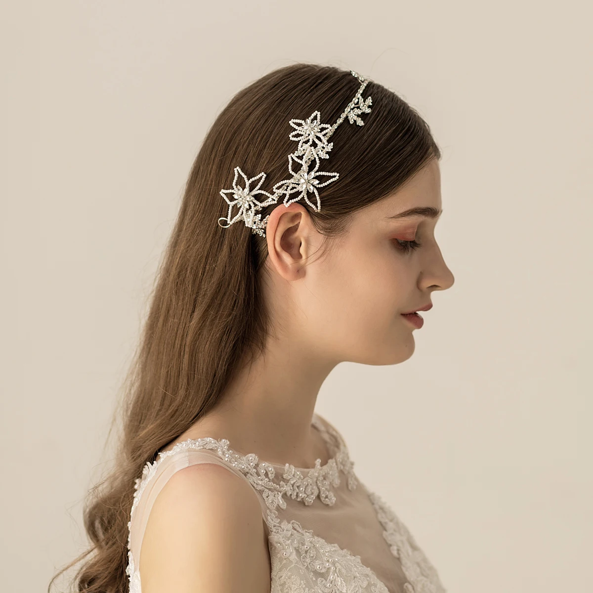 

O536 Exquisite Wedding Bridal Headband Crystal Inlaid Chain Beads Flowers Handmade Brides Bridesmaid Women Pageant Prom Tiara