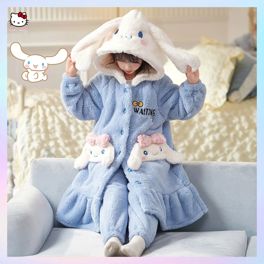 

Sanrios Y2K Cinnamoroll Kuromi плюшевая плотная Пижама Халат детская ночная рубашка для родителей и детей зимняя теплая одежда толстовка с капюшоном пальто для девочек