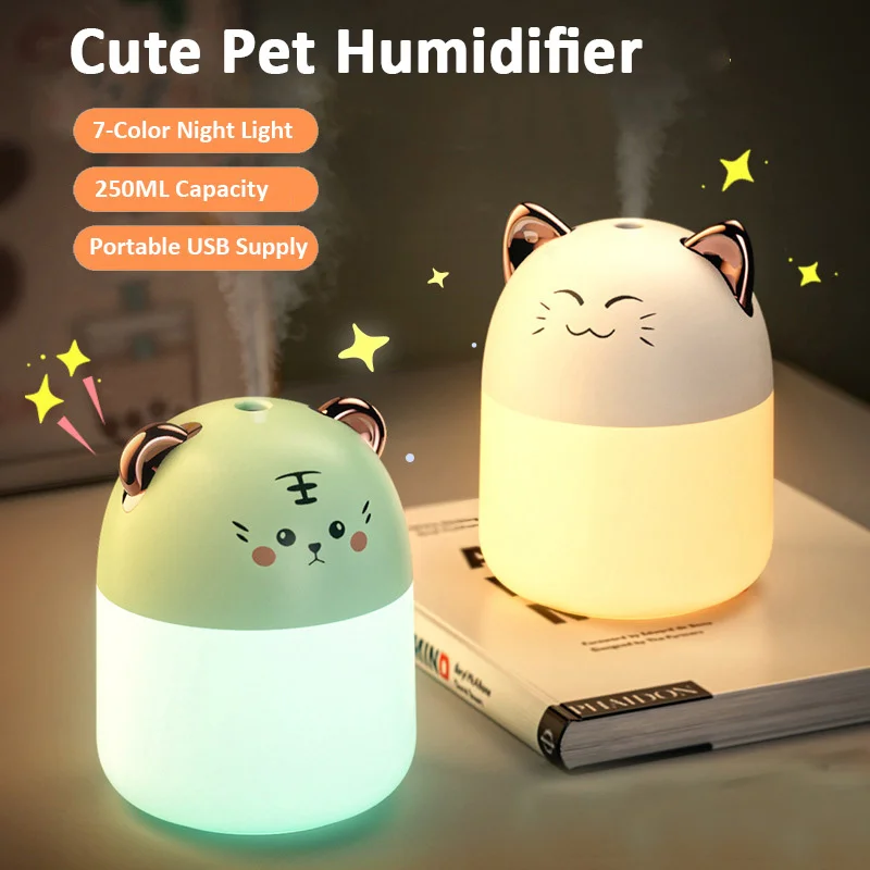 Cute Pet Air Humidifier Mini 250ml Aromatherapy Diffuser for Bedroom Electric Room Fragrance Purifier with Colorful Night Light