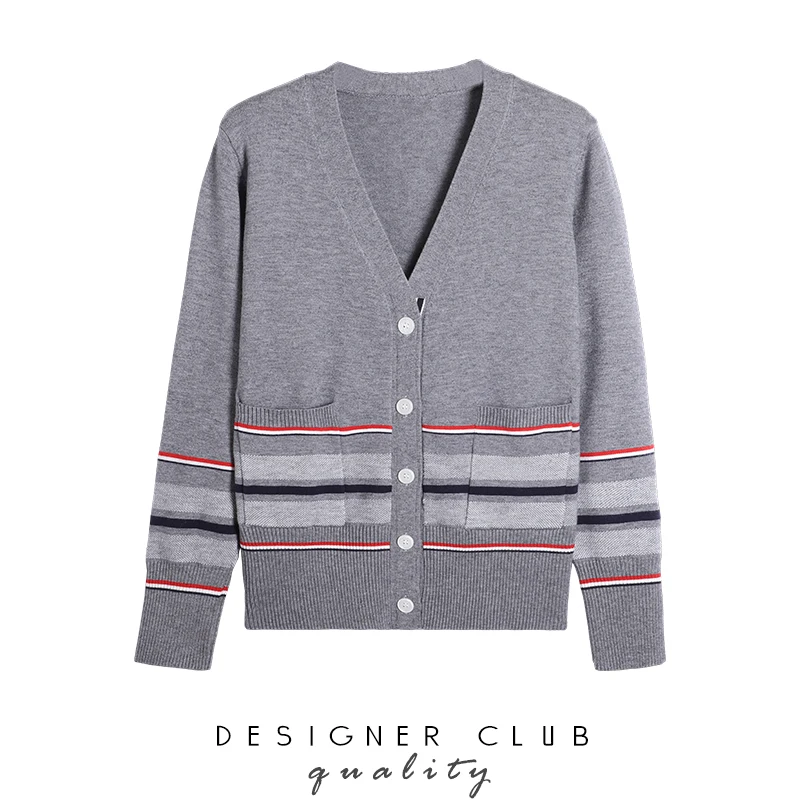 

tbV-neck long-sleeved sweater coat cardigan women's spring and autumn new style contrast color all-match knitted top thick