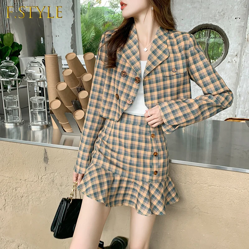 High Quality Fashion Sweet Elegant Two Piece Set Women Crop Top Tweed Jacket Coat + Pleated Mini Skirt Suits Two Piece Outfits