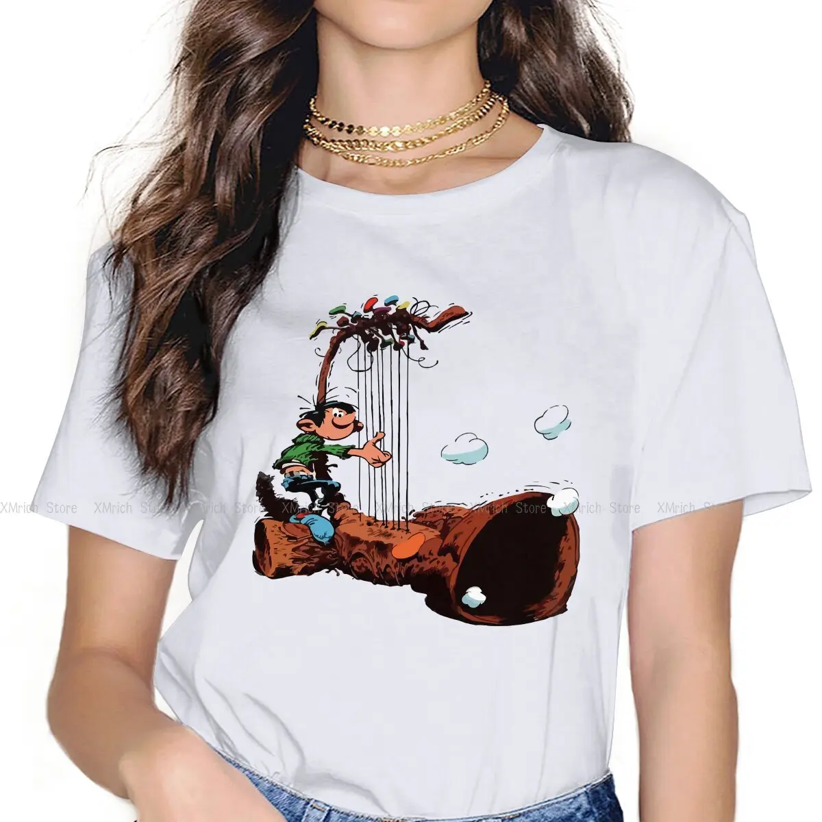 

Playing Harp Female Shirts Gaston Lagaffe Comics Oversized Vintage Women Top Harajuku Casual Feminine Blusas
