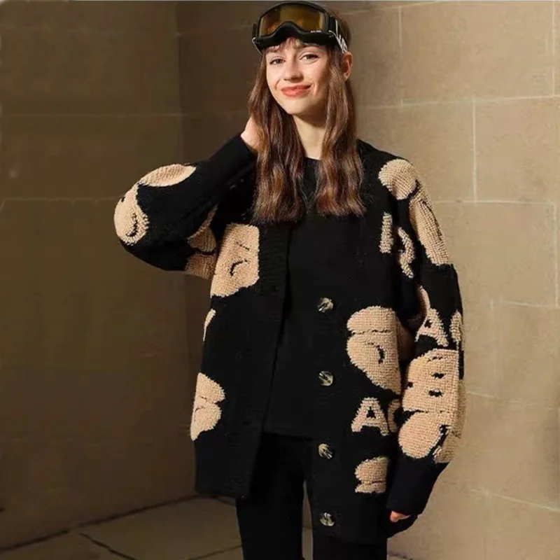 

Autumn Winter Knitted Female Cardigan Loose Streetwear Knit Sweater Coat Cute Cartoon Print V Neck knitted cardigan Women Jacket