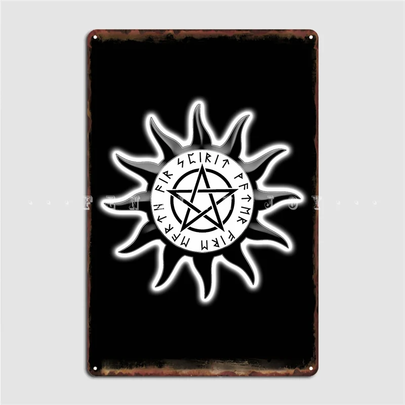 

Wicca Sun Symbol With Pentagram And Runes Spirit Metal Sign Pub Garage Plates Cinema Living Room Design Tin Sign Poster