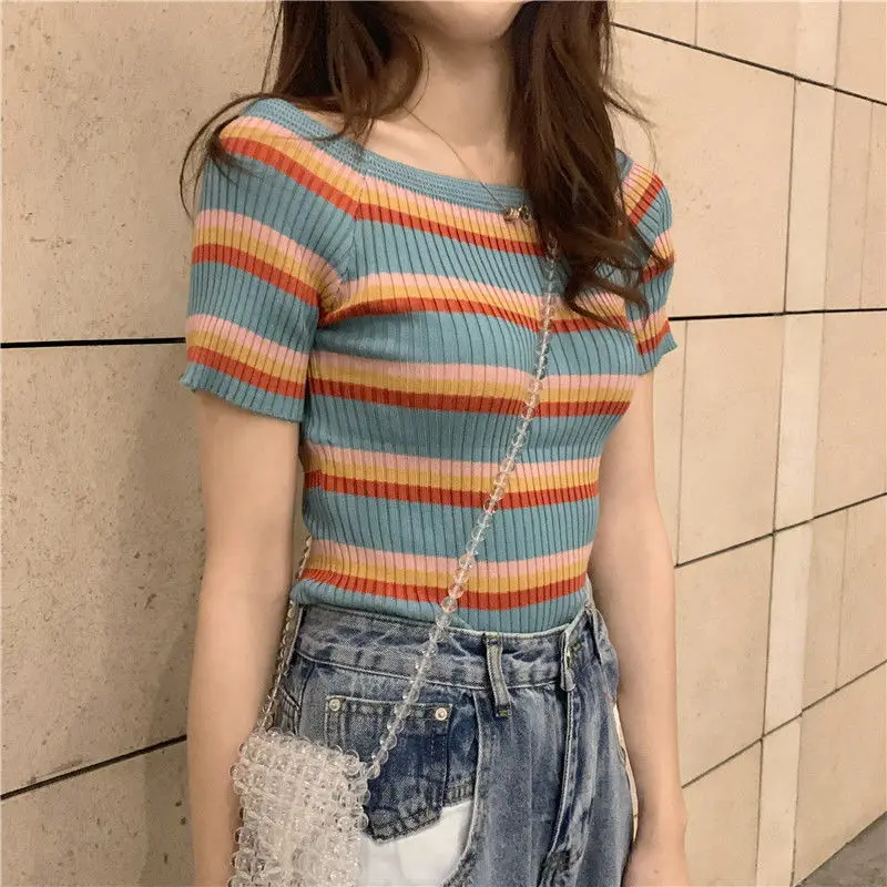 

Woman TShirts Vintage Stripe Short-Sleeved Knitted T-shirt Women's Off-Shoulder Slim Top Crop Top Mujer Camisetas