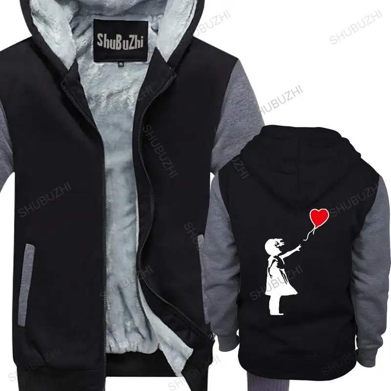 

men winter warm black hoody Banksy Girl With Balloon Mens Pemium jacket Graffiti Art Urban Art Anarchy male thick hoodies