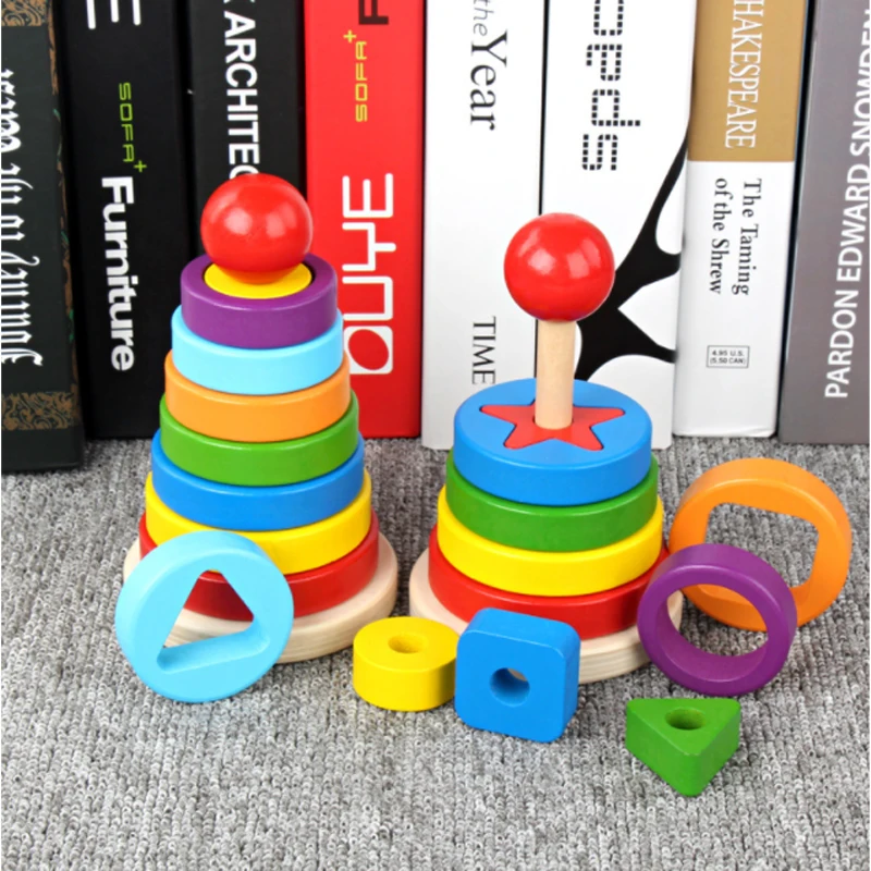 

Wooden Rainbow Tower Set Jenga Blocks Children‘s Puzzle Shape Matching Tower Set Toy
