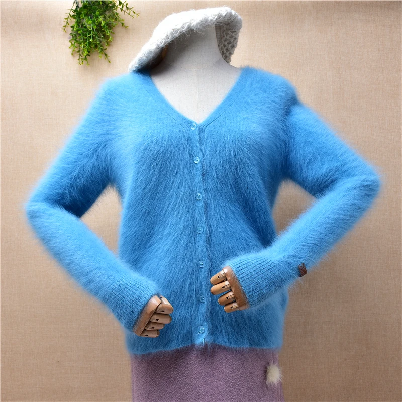 

ladies women fashion blue fall winter mink cashmere knitted v-neck slim cardigan angora rabbit fur jacket coat sweater pull tops