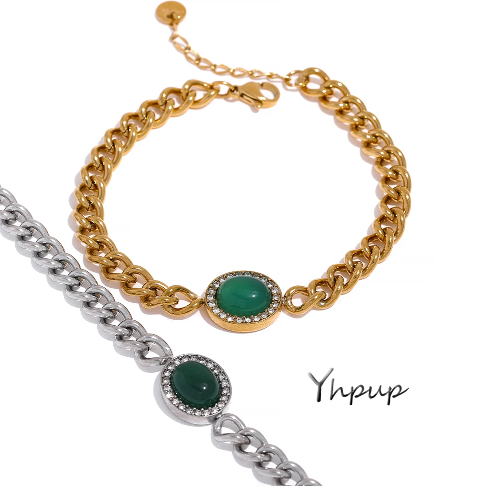 

Yhpup Charm Stainless Steel Green Agate Stone Chain Bracelet Bangle Jewelry for Women Gift 18k-Gold-Plated Charm Wrist Accessory