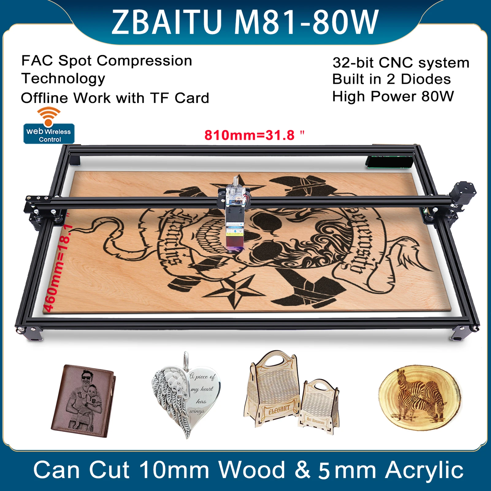 

ZBAITU M81-FF80 Laser Engraver FAC Spot 10W 0.08mm Fixed-focus DIY Engraving Cutting Machine 46x81cm Carving Area Eye Protection