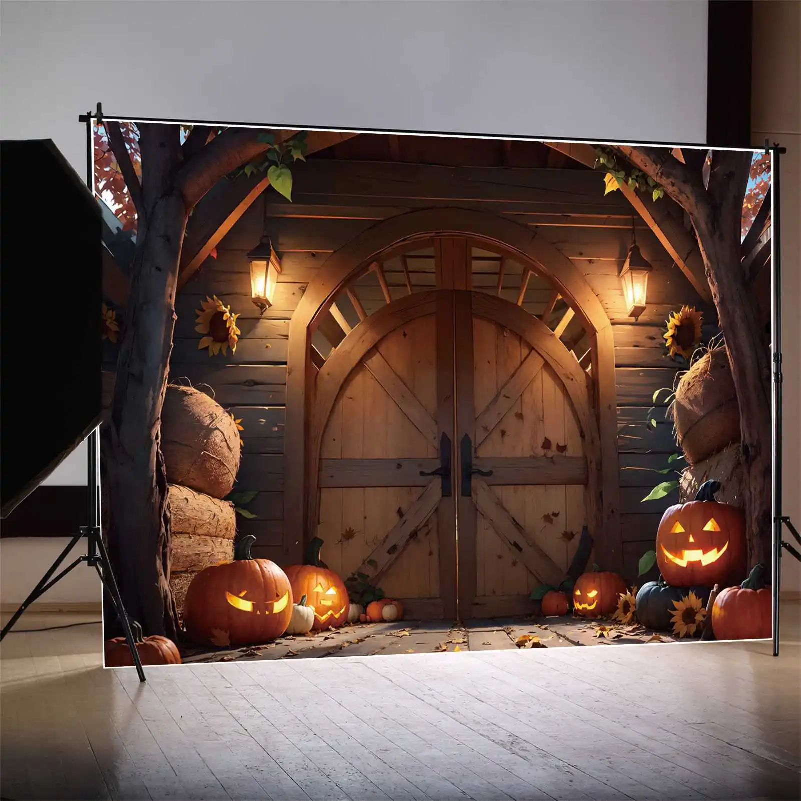 

MOON.QG Photography Backdrop Halloween Wooden Door Pumpkin Lantern Photo Booth Background Custom Child Party Photographic Props