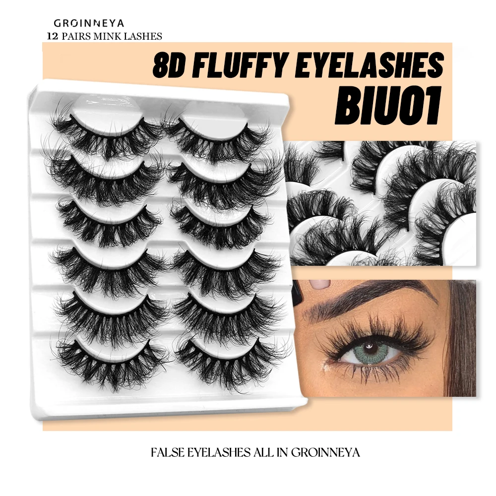 GROINNEYA False Eyelashes Cat-Eye Fluffy Faux Mink Lashes 8D Wispy Lashes 5/6 Pairs Pack Dramatic Long Thick Volume Eyelashes