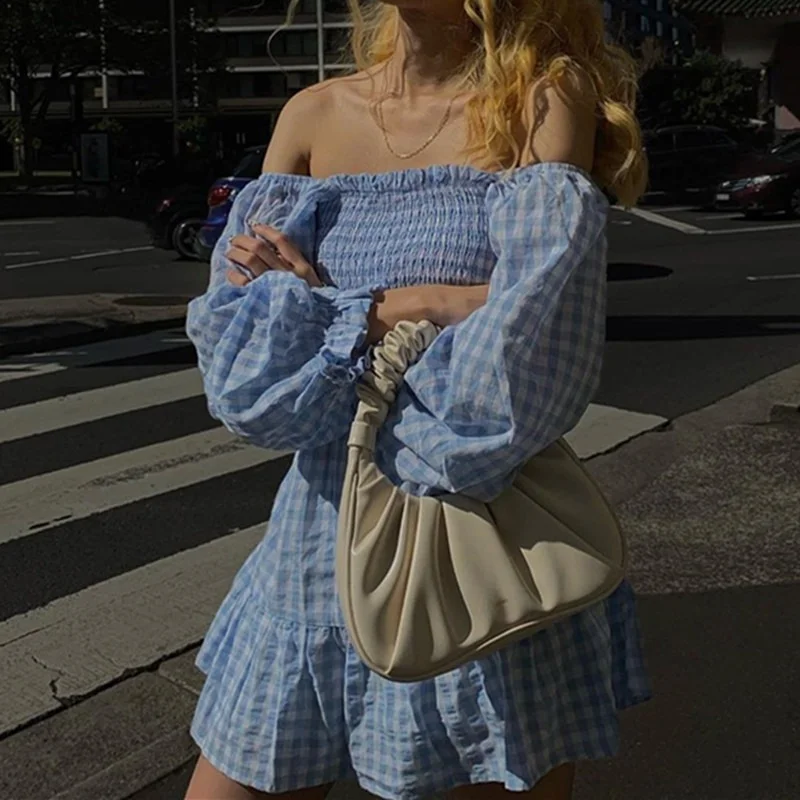 

2023 Summer Women Short Sweet Backless Party Dress Ruffle Slash Neck Blue White Plaid Elegant Korean Style Club Mini Dresses