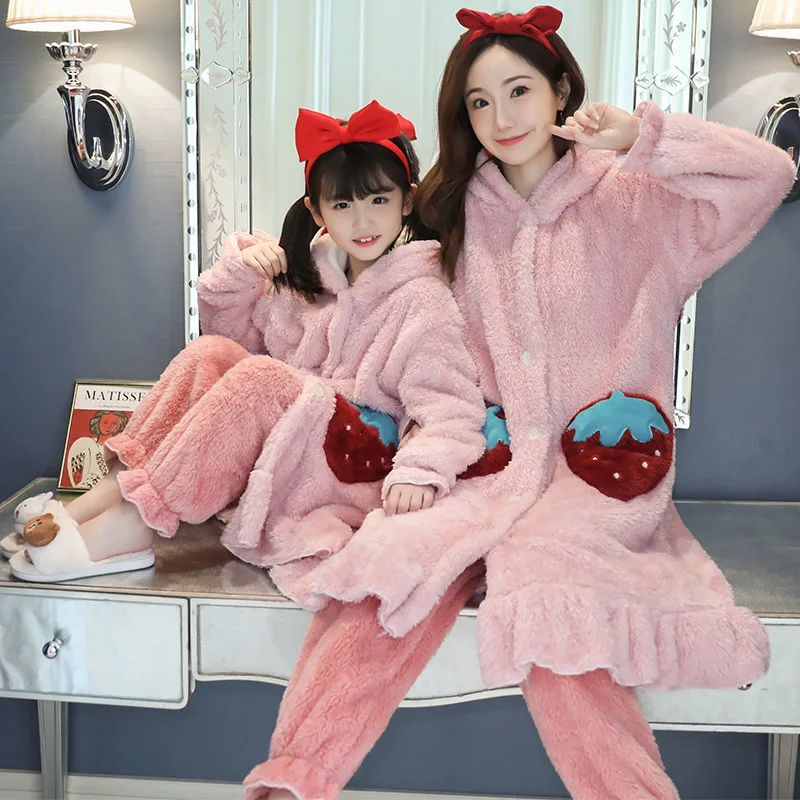 

Coral fleece hooded pajamas female autumn and winter mother and daughter nightgown bathrobe plush parent-child homewear suit