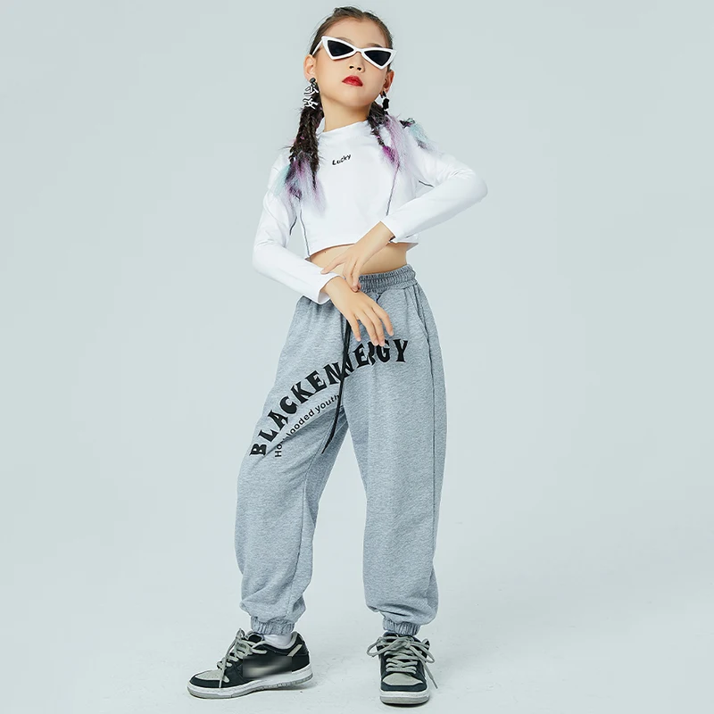 

Ballroom Jazz Practice Wear Girls White Crop Tops Sport Hip Hop Dance Pants Kids Street Dance Modern Rave Casual Outfit 120-170