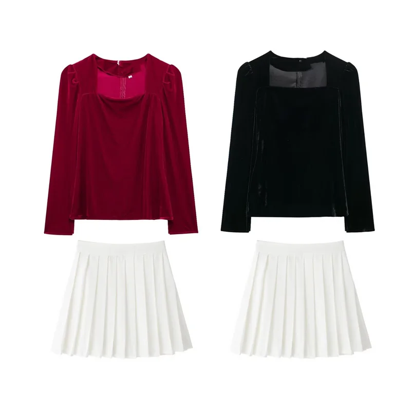 Осенний женский комплект с длинным рукавом и квадратным вырезом плиссированная