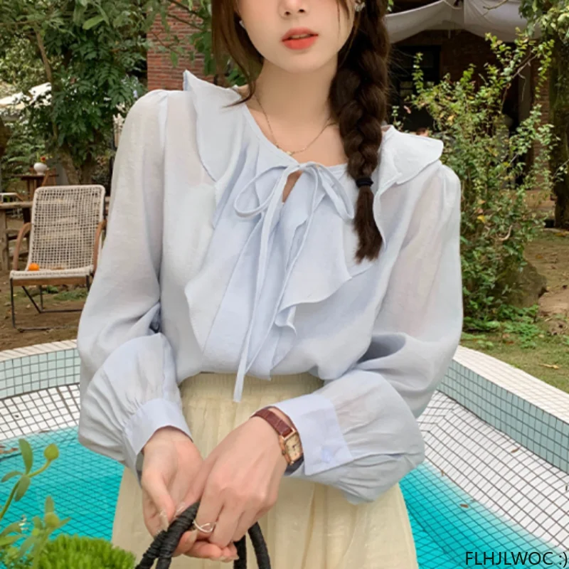 

Hot Sales Bow Tie Ruffles Tops Blusas 2023 Cute Sweet Girls Chic Korea Fashion Clothes Solid Cotton Blends Women Shirts Blouses