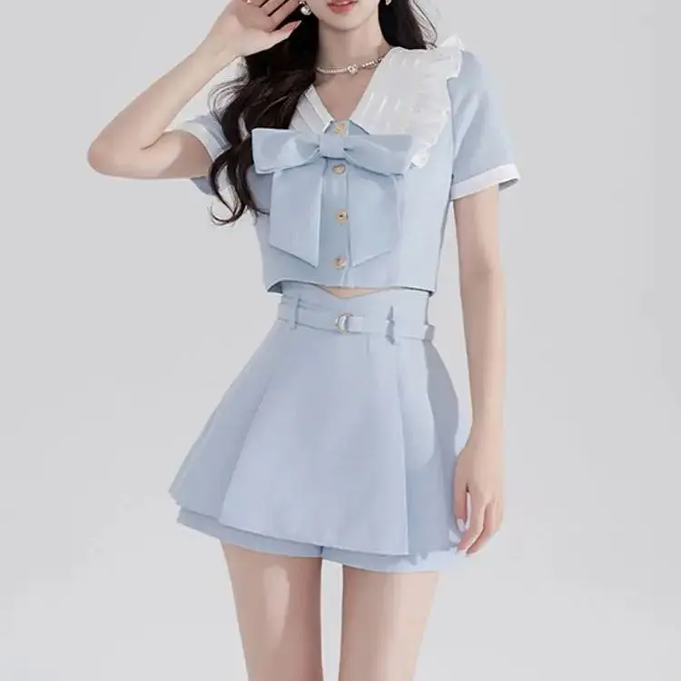 Женский комплект из двух предметов плиссированная юбка и кружевной топ с