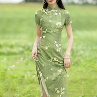 green cheongsam long autumn 2021 new retro republic of china style old shanghai ocean dress flower dress