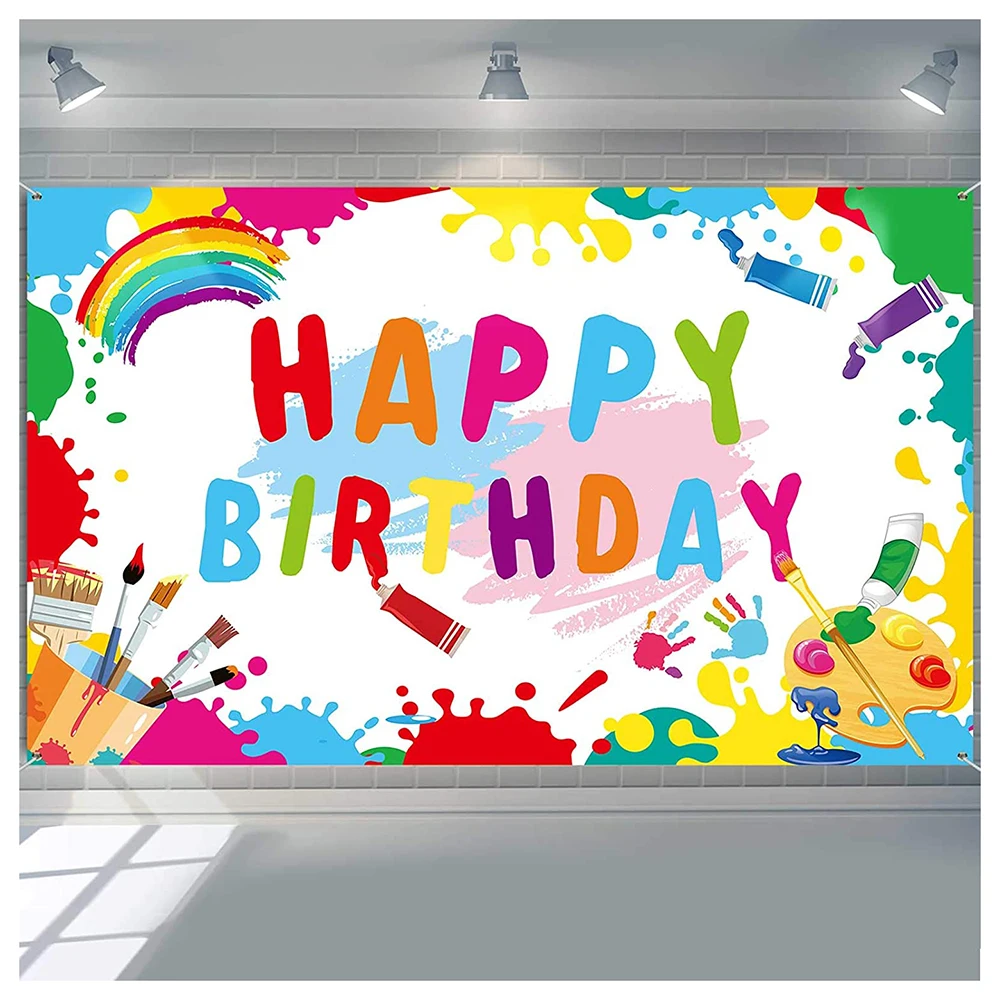 

Art Paint Birthday Party Backdrop Happy Birthday Dessert Table Banner for Mess Art Graffiti Wall Brush Event Party Photo Booth