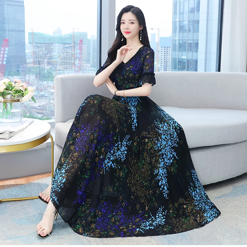 Женское шифоновое платье с коротким рукавом длинное в стиле бохо V-образным