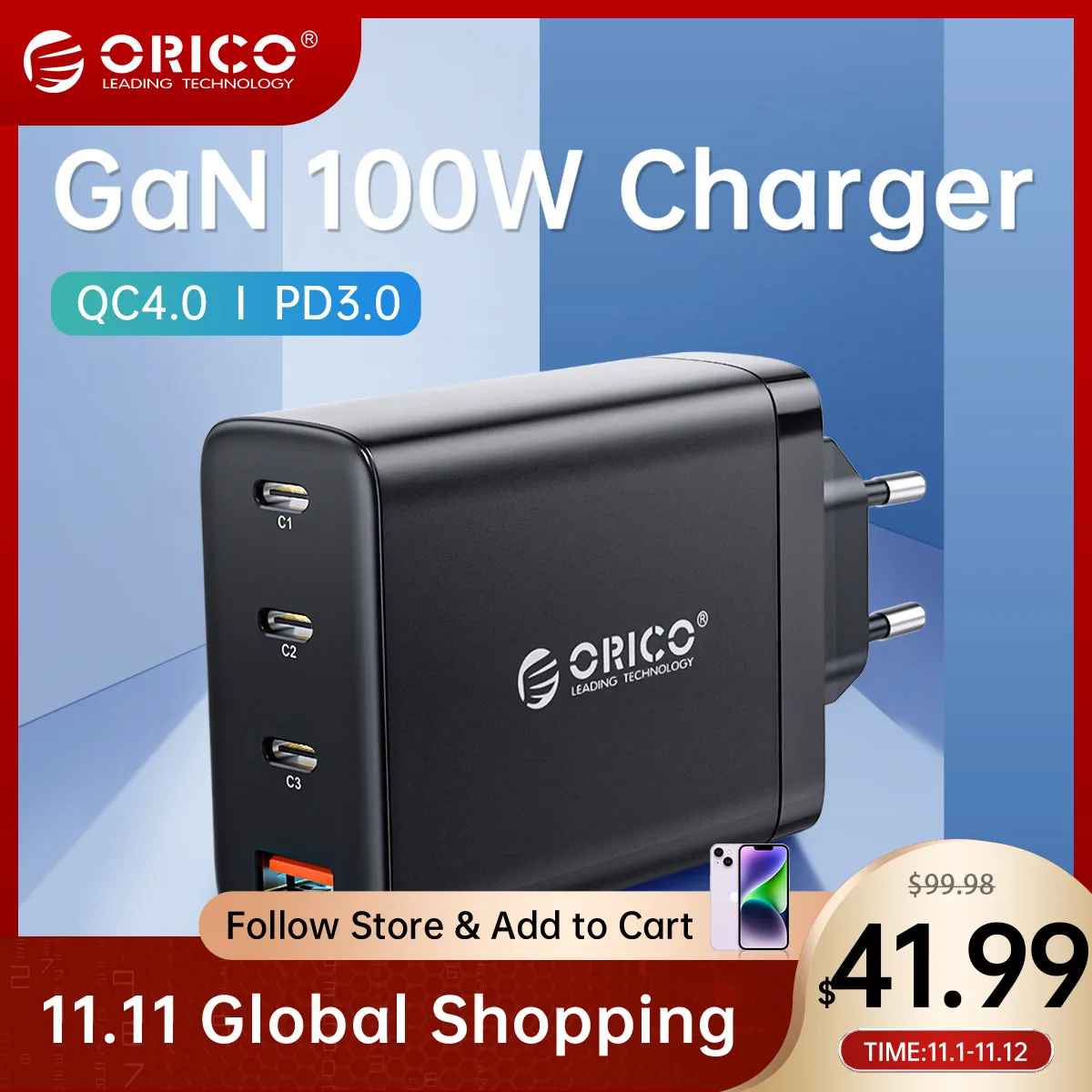 

ORICO 100W USB Type C Charger PD3.0 QC4.0 GaN Macbook Tablet Phone Fast Charging for iPhone 13 Pro Max 12 11 Samsung Xiaomi