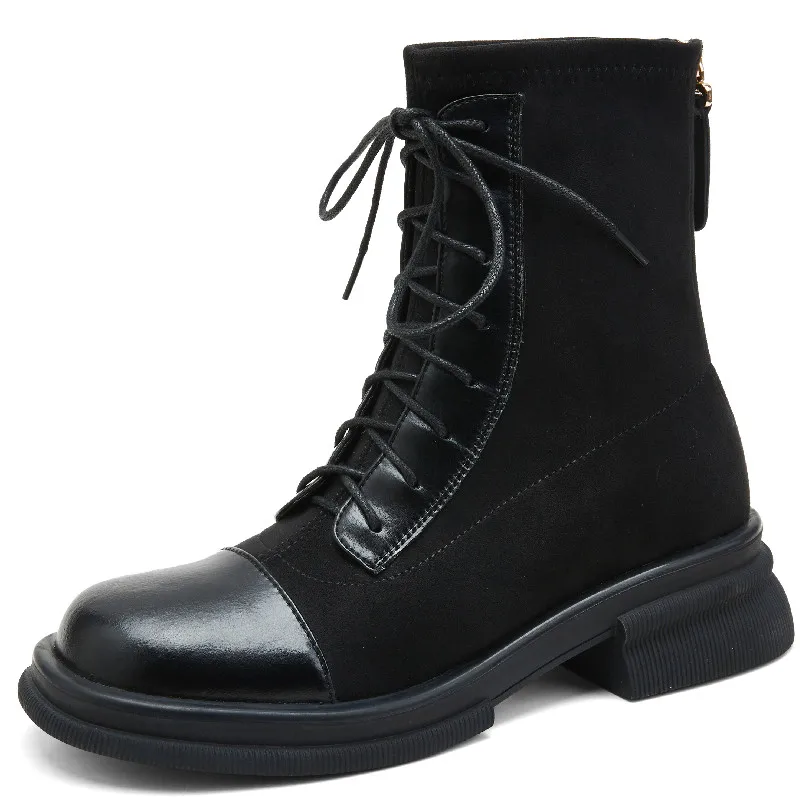 

Dilalula Outdoor Leisure Women Ankle Boots Fashion Splicing Genuine Leather Thick Heels Shoes Woman Autumn Winter New Arrival