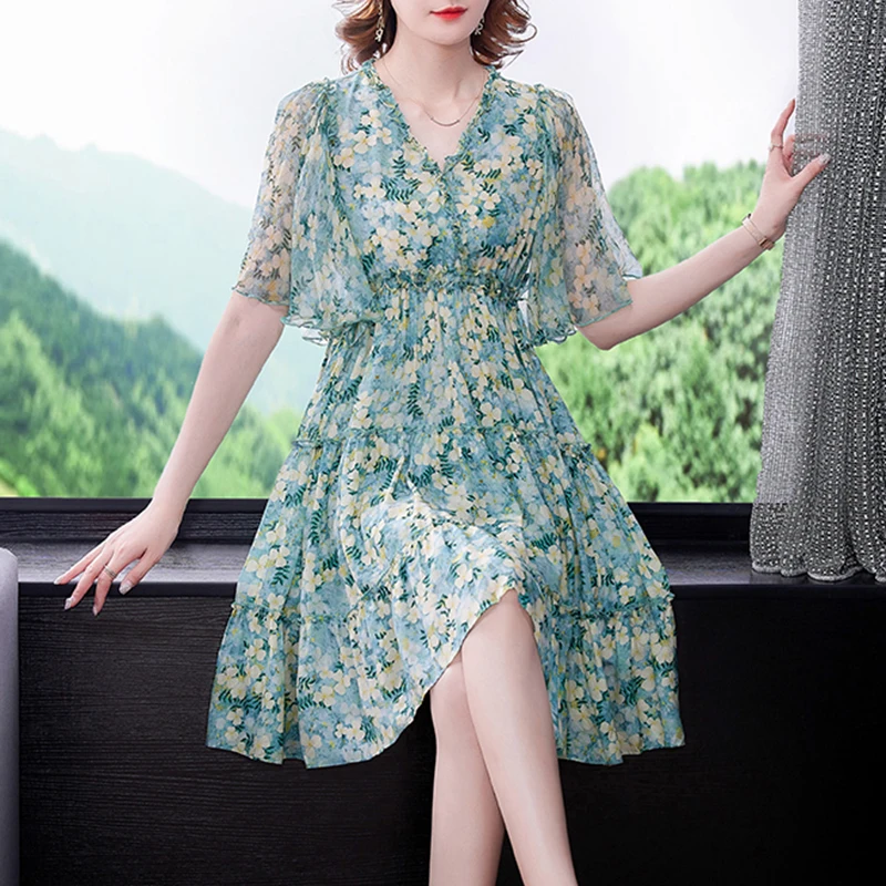 

Женское мини-платье с рукавом-бабочкой, красное повседневное пляжное платье из шелка тутового шелкопряда с оборками и V-образным вырезом в К...