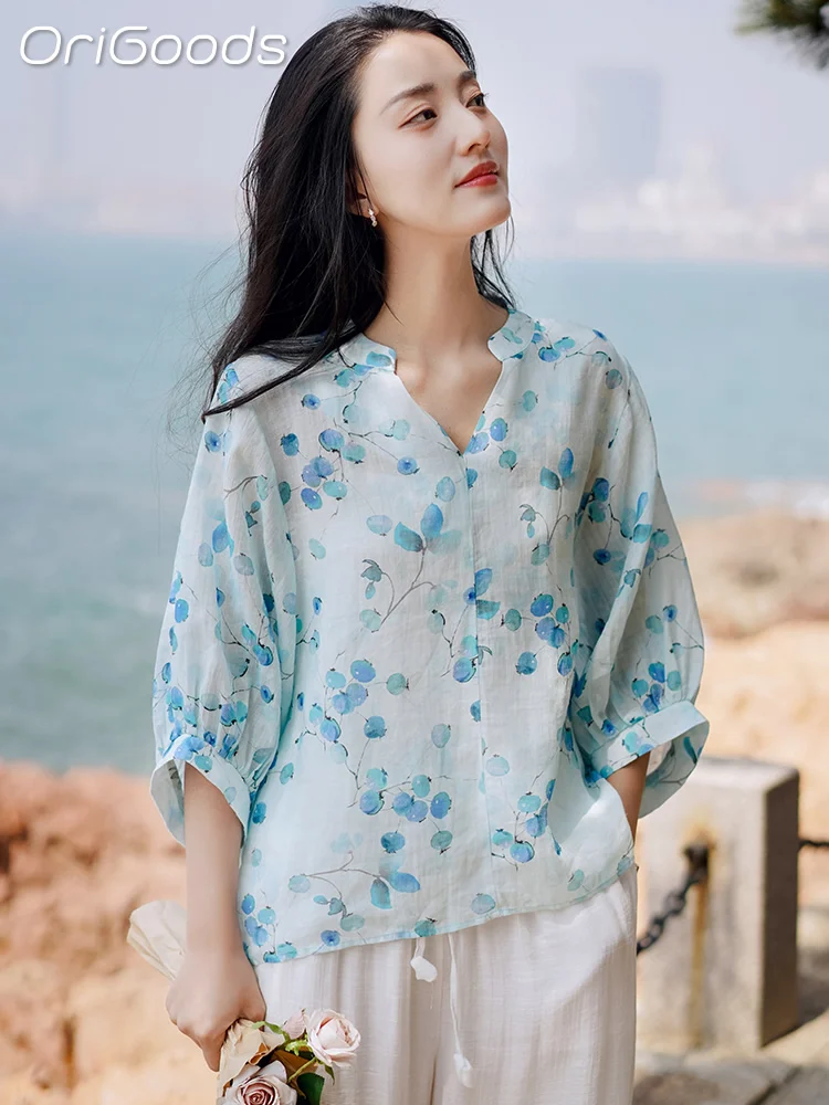 Женская рубашка из рами, с V-образным вырезом и принтом