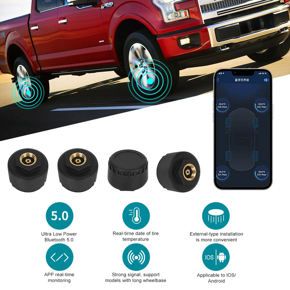 

Bluetooth 5.0 Tire Pressure Monitoring System Car Tire Pressure Sensors External Android/IOS Mobile Phone APP Display TPMS