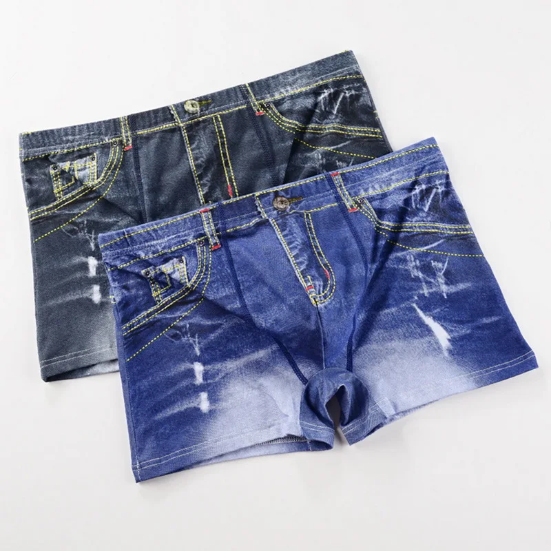 Male U Convex Pouch Boxers Short Pants Mens Briefs Shorts Boxers Faux Denim Jeans Print Sexy Male Underwear Underpants Summer
