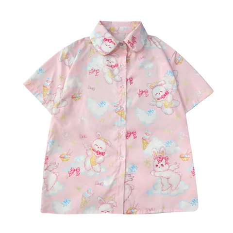 Блузка шифоновая в японском стиле для девочек, милая винтажная Милая рубашка в стиле «лолита» с принтом кролика, в Корейском стиле, свободного покроя, розовая