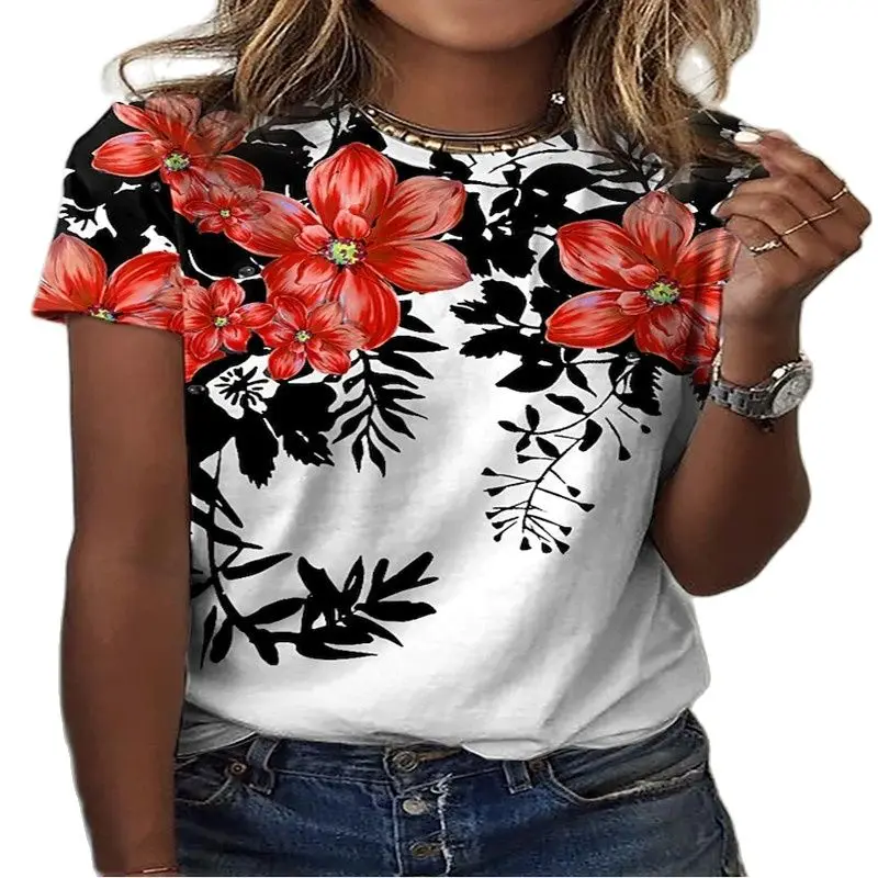 

Женский Воздухопроницаемый топ из полиэстера, удобный топ с коротким рукавом и круглым вырезом и цветочным принтом, с 3D-принтом, лето 2022