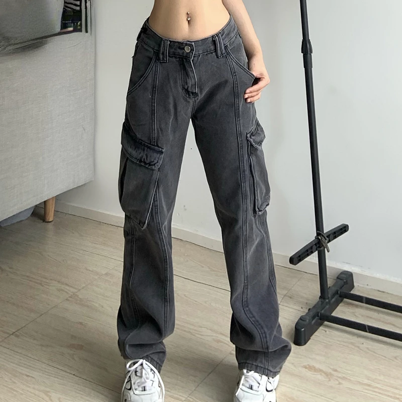 

y2k Grey Cargo Jeans Big Pockets Vintage High Waisted Trousers Baggy Straight Streetwear Korean Sweatpants Women 2022