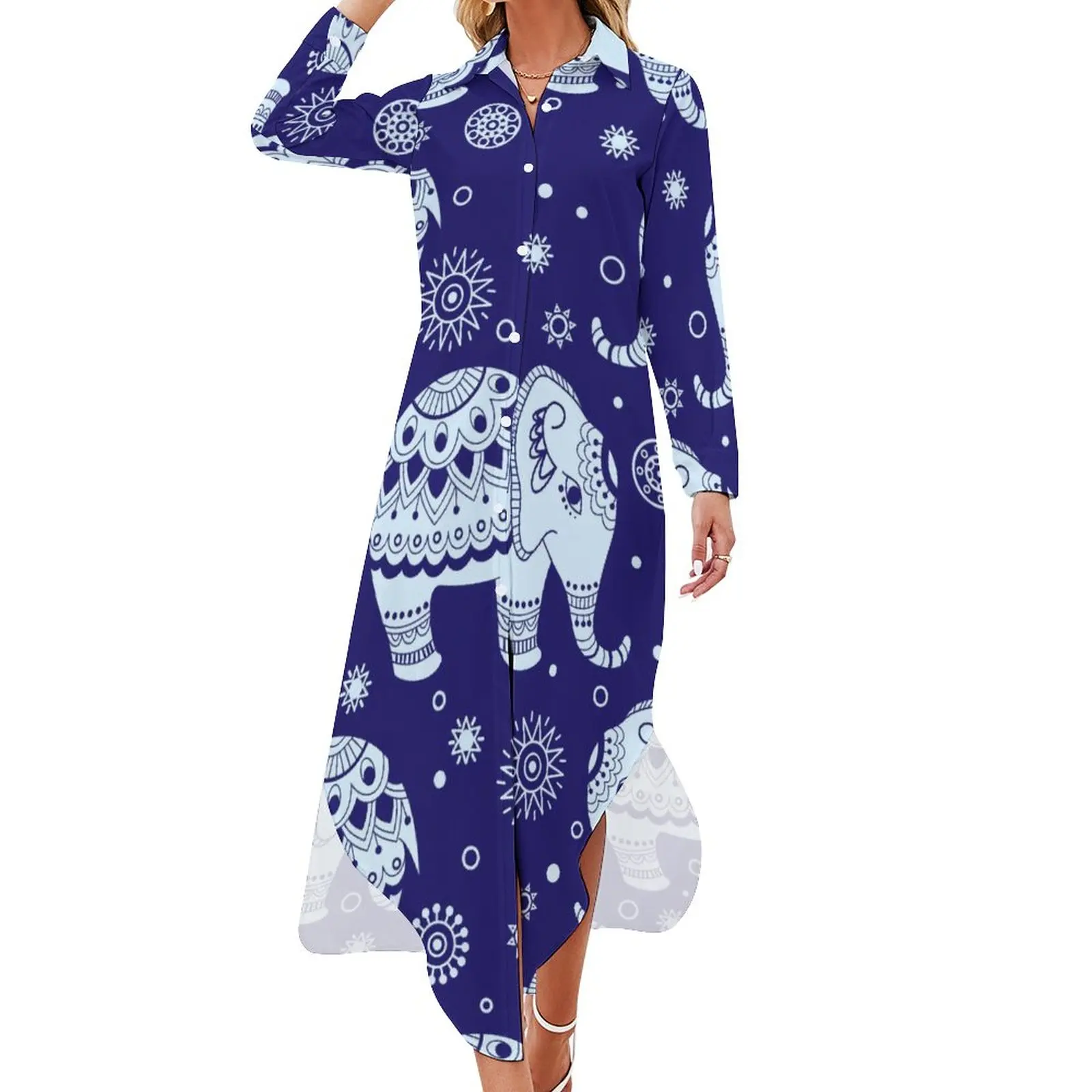 

Vintage Elephant Chiffon Dress Indian Ethnic Animal Beach Dresses Lady Long Sleeve Streetwear V Neck Print Big Size Casual Dress