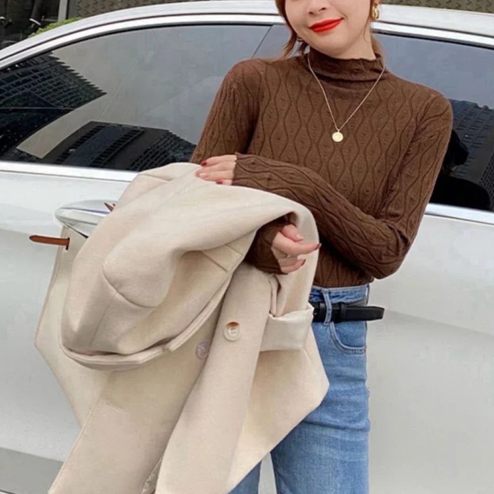 Рубашка с высоким воротником и длинными рукавами пуловер женский вязаный свитер