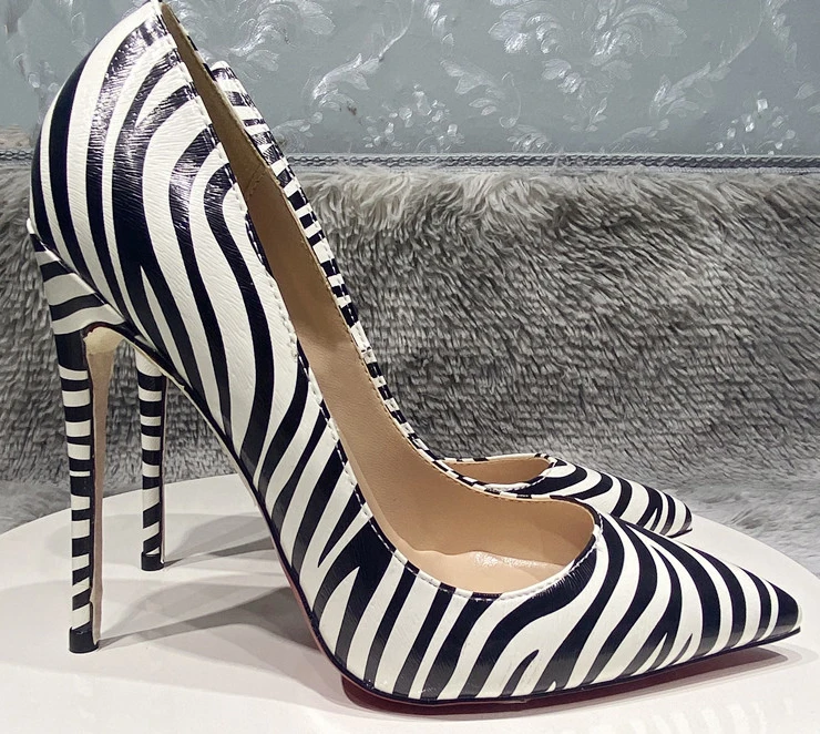 

2022 Women Pumps Classic Sexy 12cm 10cm 8cm Pointed Toes Heigh Heels White Zebra Pattern Leather Pumps Party Dress Wedding Shoes