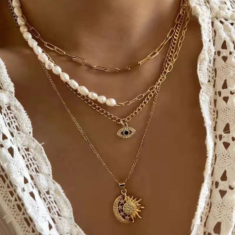 

Vintage Multi-layer Necklace for Women Pearl Necklace Evil Eye Necklace Gothic GoldJewelry Pendant Necklace Collares Para Mujer